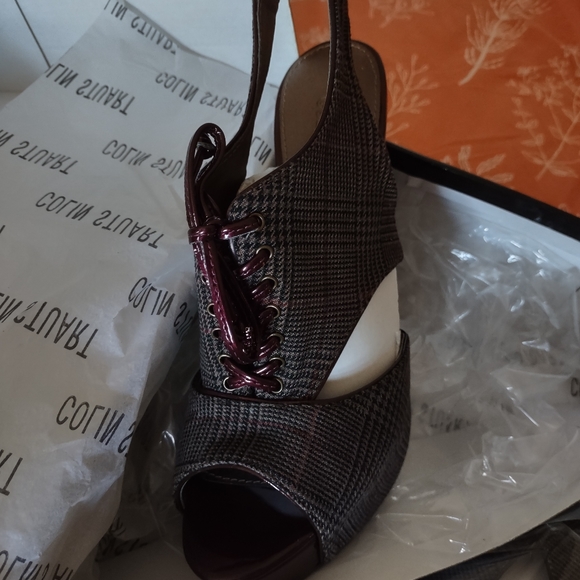 Colin Stuart VS Burgundy Plaid Slingback Peep Toe Heels - Picture 8 of 10